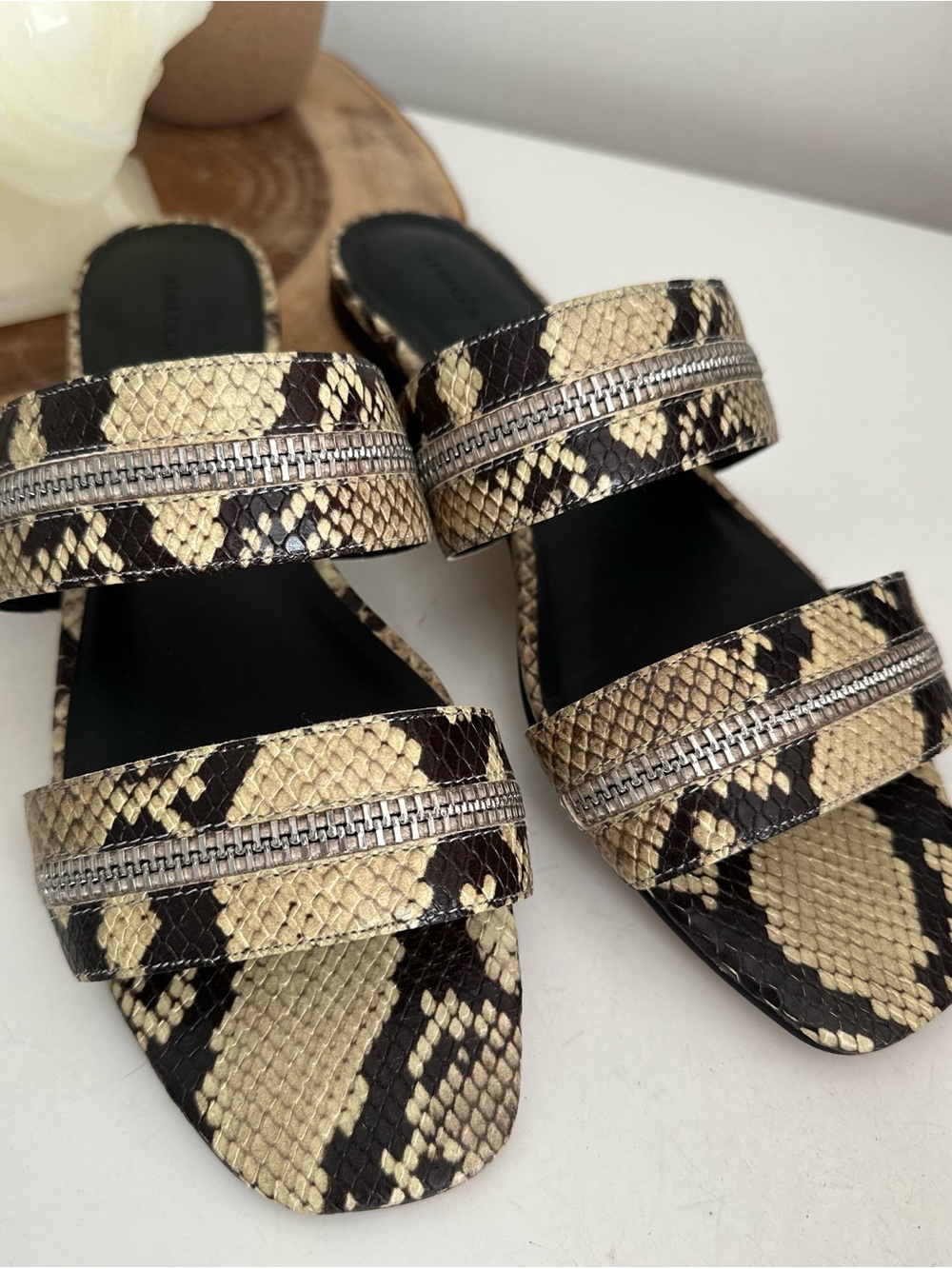 Rebecca Minkoff Marciann leather Snake-Print Slide Sandals Beige and Black